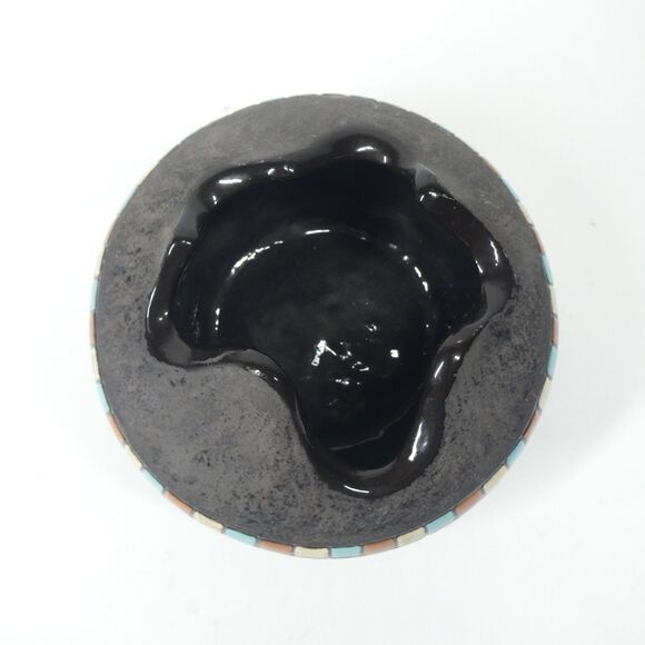 Black Ceramic Bowl Pot w/Blue Squares Geometric Signed Vtg MCM Blackware Native? - Picture 8 of 16